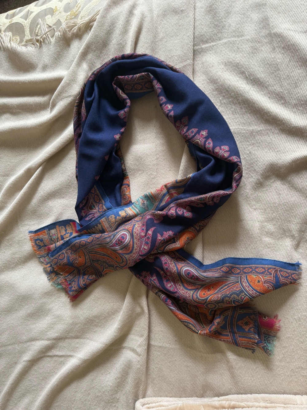 Etro Paisley Silk-Wool Scarf in Navy, Mustard & Burgundy